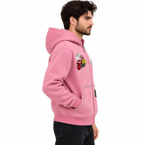 Men's <b>Pink</b> Zip Up Hoodie Rhinestone Pocket Graphic Print Casual Streetwear <b>Sweatshirt</b> Online Selling Classy Look Hoodie - Product Image 3