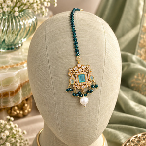 Venta al por Mayor de Joyería para el Cabello de Novia con Perlas y Maang Tikka Verde Mar, Fabricante Personalizado al por Mayor - Product Image 2