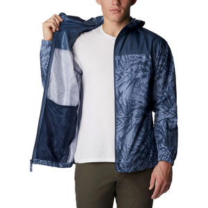 Wholesale Men's Navy Blue Printed Soft Shell Hooded <b>Jacket</b> With Zip Front Water Resistant Outdoor Wear - Product Image 3