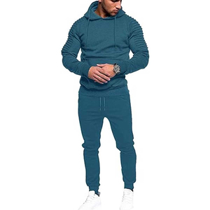 <b>Mens</b> Teal Hooded Tracksuit Solid Color Full Length Casual Sweatshirt And Joggers With Side Pockets Drawstring Closure - Product Image 1