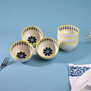 Japandi Style Unique Floral Patterned Porcelain Bowls <b>Set</b> of 6 Microwave Oven Safe <b>Clay</b> Material Salad Bowls for Home Decor - Product Image 4
