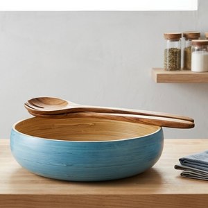 Ensemble de bols à salade en bambou écologiques et minimalistes, faits à la main, naturels, pour une cuisine contemporaine et une décoration de fête - Product Image 1