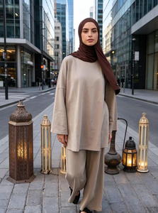 Wholesale Loose Modest Muslim Winter Abaya Top Pants and Hoodie <b>Sets</b> with <b>Embroidery</b> Pockets Two-Piece for Women - Product Image 6