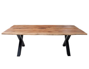 <b>Industrial</b> Furniture Solid Acacia Wooden Live Edge Irregular Shape Top With Center Black Plate Design Metal X Legs Dining <b>Table</b> - Product Image 4