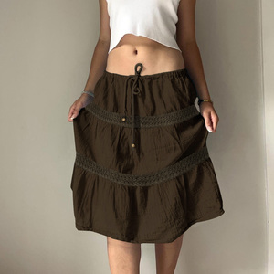 Vintage Boho Brown Breathable Embroidered Feathers Midi Skirt for Women <b>Elastic</b> Waist A-Line Casual Style - Product Image 1