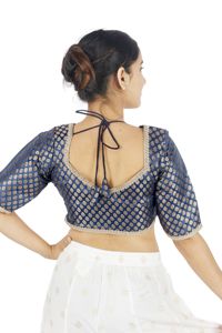 Blue Embroidered Silk Blouse <b>Crop</b> <b>Top</b> Woven Patchwork <b>Sequined</b> Button Detail Wedding Women - Product Image 3