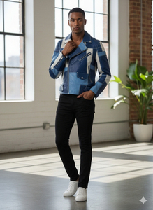 Men's Patchwork Leather Biker Jacket Blue-White Color-Block Motorcycle Jacket Genuine Leather Moto <b>Coat</b> - Product Image 5