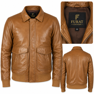 Chaqueta Bomber de Cuero A2 Color Marrón Oliva para Hombre, Estilo Casual, Cuello Alto, Cierre de Cremallera, Resistente al Viento, Transpirable y Ecológica - Product Image 1