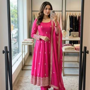Pink Embroidered Anarkali Suit Set <b>Sequin</b> Work Dupatta Printed <b>Pant</b> Set for Wedding Party Women - Product Image 2