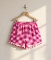Ensemble de pyjama en coton à carreaux roses, respirant, luxueux et romantique, avec bordure à volants et poche en forme de cœur