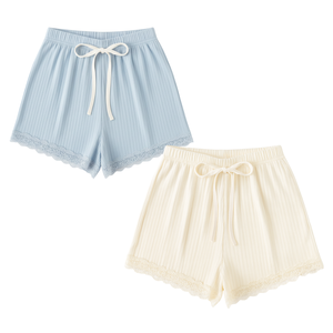 Women Summer High Breathable Ribbed Knit <b>Lace</b> Trim <b>Elastic</b> Shorts Casual Fashion Home Wear Shorts Set Private Label Wholesale - Product Image 1