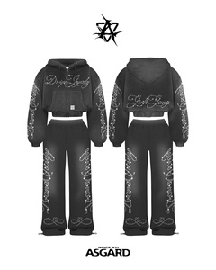 Red Drip Rhinestone <b>Zip</b> <b>Up</b> Cropped Hoodie & Pants Set | Oversized Streetwear Tracksuit | OEM Private Label Manufacturer - Product Image 4
