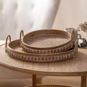 Ensemble de 3 plateaux de service en bois avec poignées, plateau de petit-déjeuner rustique brun pour la cuisine, la salle à manger, la table basse, la décoration de la maison - Product Image 5