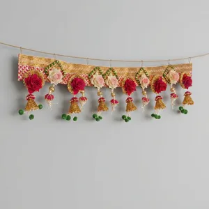 Traditional Indian Wedding Toran Red Pink Roses Gold Embroidery Green <b>Beads</b> Decorative Hanging Ornaments Eco-Friendly Plastic - Product Image 2