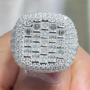Silver Hip Hop <b>Ring</b> Baguette Cut Diamond <b>Iced</b> Out Rhodium Plated VVS Moissanite Diamond Jewelry For Unisex Wear <b>Ring</b> - Product Image 1