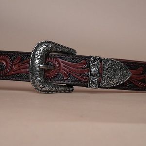 Ceinture classique en cuir véritable, sculptée et peinte à la main, style western, unisexe, avec boucle en laiton gravée de motifs floraux et passant de ceinture. - Product Image 3