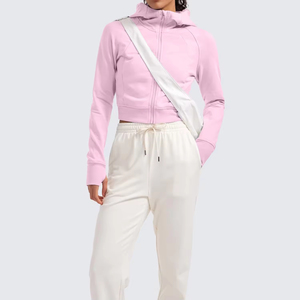 Women's Pink <b>Cropped</b> Hoodie <b>Zip</b>-<b>Up</b> Sweatshirt Full Sleeve Solid Color Knitted Cotton Autumn Wear - Product Image 3