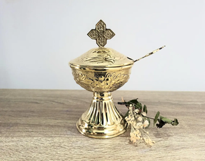 Brûleur d'encens religieux en laiton, décoration d'intérieur, méditation spirituelle, finition antique écologique traditionnelle - Product Image 1