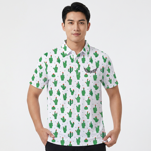 เสื้อเชิ้ตแขนสั้นลายกระบองเพชรสำหรับผู้ชาย ทรงปกติ ระบายอากาศได้ดี ผลิตจากผ้าโพลีเอสเตอร์ทอ สีขาวเขียว ลายพิมพ์ด้านหน้า มีโลโก้ - Product Image 5