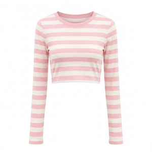 Trendy pink white stripe <b>crop</b> T Shirt long sleeve Quick Dry lightweight summer <b>top</b> causal wear street style wholesale bulk - Product Image 1