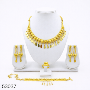 ชุดสร้อยคอผู้หญิงดีไซน์ใบไม้ประดับเพชรซิร์คอนชุบทองหรูหราทันสมัย พร้อมต่างหูแบบห้อยเข้าชุด สายสร้อยแบบเชือก 16 นิ้ว รุ่น 53037 - Product Image 1