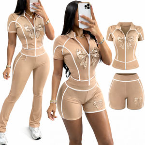 ชุดเซ็ตเสื้อผ้าผู้หญิงสุดฮิต สีดำ ประดับเพชรเทียม 2 ชิ้น เสื้อแขนสั้นแบบซิป กางเกงขาสั้นเอวสูงทรงบาน สไตล์ไบค์เกอร์ - Product Image 3