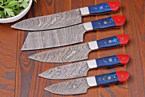 Ensemble de couteaux de cuisine professionnels en acier Damas, 5 pièces, faits à la main, manche en Micarta, étui en cuir, vente en gros, couteaux pliants professionnels - Product Image 4