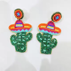 Boucles d'oreilles pendantes Cactus Chapeau Mexicain, faites à la main, colorées, perlées, style bohème mexicain, bijoux pour célébrations Fiesta - Product Image 6