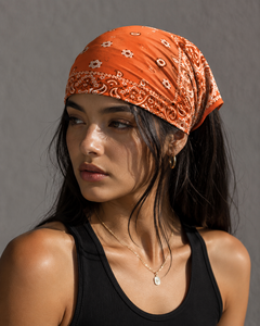 Bold <b>Orange</b> Cotton <b>Bandana</b> for Men and Women, Unisex Paisley Head Scarf for Everyday Streetwear, Travel, Festival and Daily Wear - Product Image 3