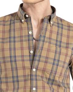 Camisa a cuadros de algodón para hombre, color marrón camel y azul, manga larga, con botones, estilo casual, corte personalizado de fábrica OEM. - Product Image 4