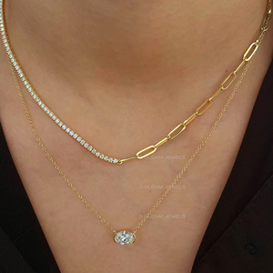 Half Bezel Lab Diamond <b>Necklace</b> 14K Gold Diamond Station <b>Necklace</b>, Minimalist Floating Diamond <b>Necklace</b> Dainty Everyday Jewelry - Product Image 5