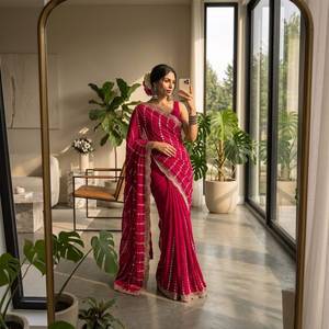 Designer Fandy Satin Fabric With Hand Embroidery Cut Dana Sequence Work Lehariya And Border In All Over <b>Saree</b> With Blouse - Product Image 5