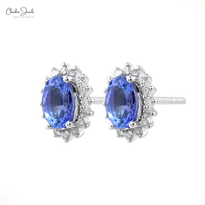 Boucles d'oreilles clous en Tanzanite ovale certifiée IGI 1,03 carat en or massif 14 carats avec diamants pavés, prêtes à être expédiées, bijoux fins pour femmes - Product Image 2