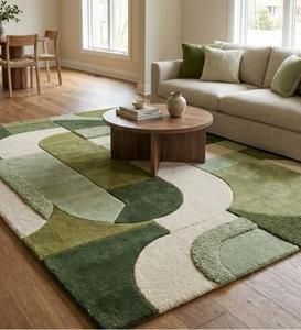 Modern Abstract Block Patchwork Wool Anti-Slip Medium Pile Cotton Canvas Backing Tufted Area Rug Olive Sage <b>Green</b> Cream Multi - Product Image 1