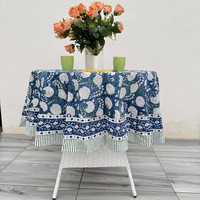 Nappe ronde en coton faite à la main, imprimée de fleurs bleues, style chinois traditionnel avec bordure verte, décoration de salle à manger, lavable