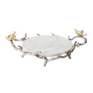 Bandeja Decorativa Ovalada de Metal con Marco de Ramas Plateadas y Pájaros Dorados, Diseño Rústico - Product Image 1