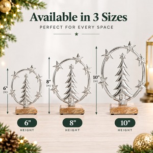 Árbol de Navidad Plateado con Anillo de Estrella, Objeto Decorativo Metálico sobre Base de Madera, Decoración de Mesa para el Hogar con Temática Navideña - Product Image 4
