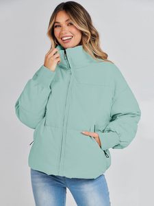 Mint Green Quilted Jacket Women <b>Stand</b> Collar Full Sleeve Zipper Closure Thick Winter Casual Solid Color Loose Fit <b>Coat</b> - Product Image 1
