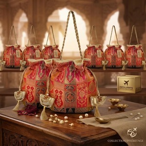 Wholesale Luxury Heritage Red Gold Banarasi Silk Brocade Potli Bags Handcrafted Zari Embroidery Premium Braided <b>New</b> <b>Year</b> - Product Image 1