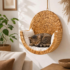 Lit pour chat en jacinthe d'eau, panier suspendu en jonc de mer naturel tressé, panier de couchage surélevé en osier pour animaux de compagnie, hamac pour chat, mobilier d'intérieur - Product Image 1