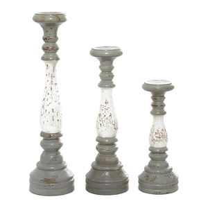 Grand ensemble de bougeoirs en bois de manguier de style tourné Design personnalisé de 3 pièces en gris et blanc Décoration intérieure - Product Image 1