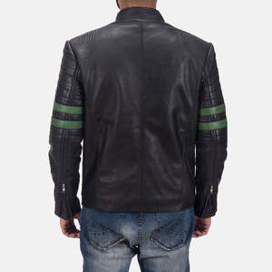 Veste de moto en cuir véritable noir pour homme avec manches rayées vertes, col montant, fermeture éclair, coupe ajustée, style moto - Product Image 2