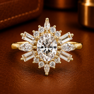 Bagues de mariage en or jaune 14K 18K avec diamant de laboratoire ovale Starburst Halo, certifiées IGI, bijoux personnalisés, fournisseur en gros - Product Image 1