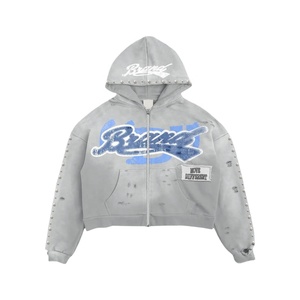 Sweat-shirt personnalisé en molleton bouclette 100% coton épais, coupe ample et carrée, zippé, avec impression sérigraphiée, strass et délavage acide, pour l'hiver - Product Image 4