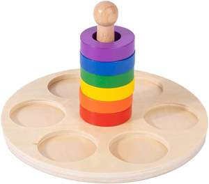 Anneaux d'empilage en bois Montessori arc-en-ciel à 6 pièces avec supports – Jouet éducatif pour bébés - FASHION CRAFT TFC 127 - Product Image 2
