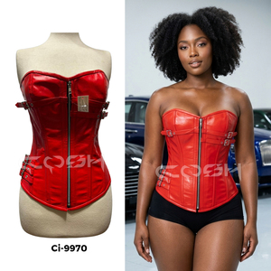 เสื้อคอร์เซ็ทหนังสีแดงเสริมโครงเหล็กแบบโอเวอร์บัสท - Product Image 5