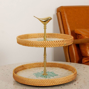 Plateau de service rond en rotin KHOI VU avec incrustation de nacre, motif floral, fait main, plateau décoratif - Product Image 6