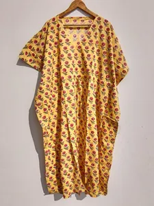 Robe Kaftan en Coton Imprimé Jaune Moutarde Premium, Style Bohème Floral avec Col en V, Manches Courtes et Taille à Nouer, Robe d'Été - Product Image 5