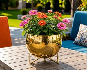 Pot de fleurs en métal doré artisanal avec support, décoration moderne pour plantes d'intérieur et d'extérieur, pour la maison, le bureau, le salon - Product Image 4