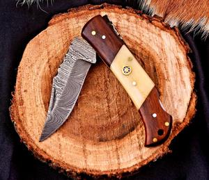 มีดพับเหล็กดามัสกัสเกรดอุตสาหกรรม Nordic Forge ด้ามไม้กระดูกและไม้พะยูง พร้อมปลอกมีด พกพาสะดวก EDC มีดล่าสัตว์ - Product Image 4